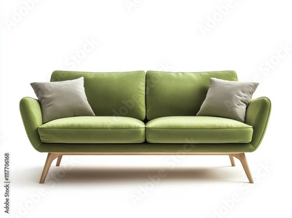 Obraz Green sofa with wooden legs and two pillows, isolated on a white background, front view. Scandinavian design home interior, modern living room furniture concept.