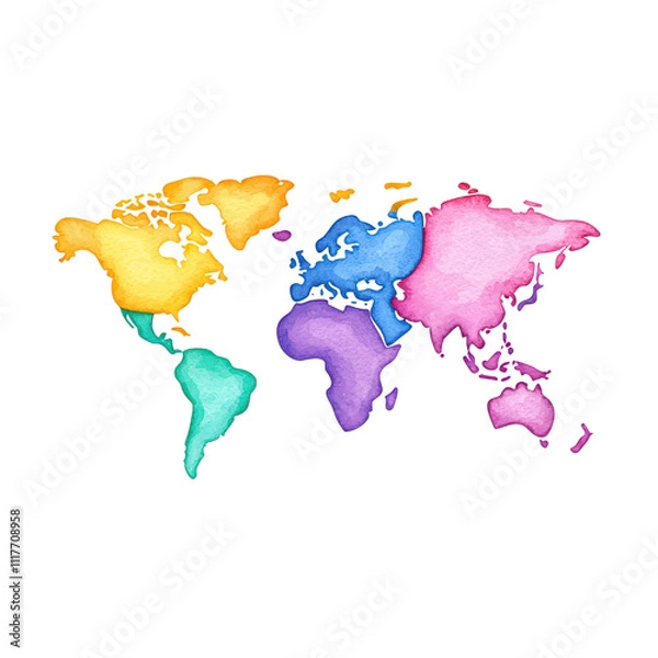 Fototapeta Colorful watercolor world map with vibrant continents isolated on transparent background