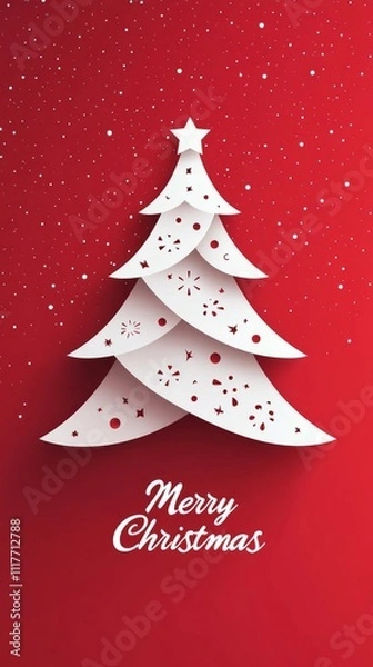 Fototapeta Christmas tree on a red background with a star on top and snowflakes falling around it