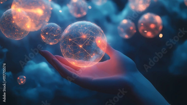 Obraz Digital Symphony: A human hand cradles a glowing orb representing technology and interconnectedness, floating amidst a celestial cloudscape. Explore the wonders of digital connections
