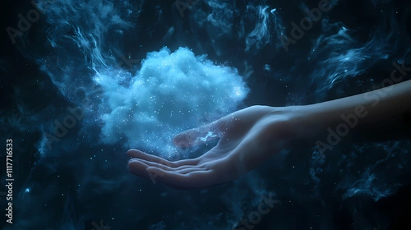 Obraz Cloud in Hand: The ethereal moment, a hand delicately cradling a cloud of light, suggesting a sense of wonder and the power of creation against the backdrop of cosmic, space and starry universe.