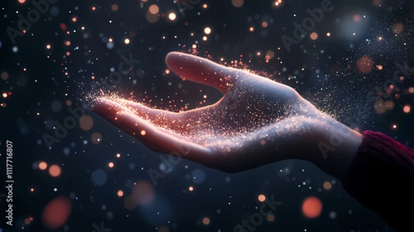 Obraz Embracing Magic: A person's open hand, adorned with glowing particles, against a bokeh-filled backdrop. A visual metaphor for the extraordinary. 