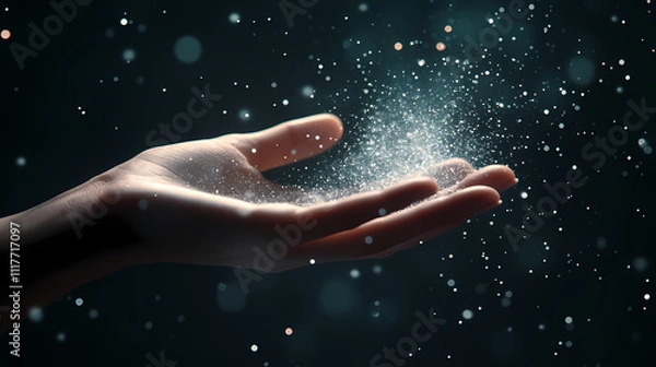 Obraz Handful of Sparkling Magic: A close-up shot of a hand delicately cupping and releasing sparkling particles against a blurred backdrop, evoking a sense of wonder, dream, and intangible concepts