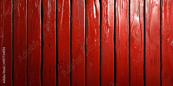 Obraz A close-up of vertical wooden planks painted in a vibrant red hue, showcasing texture and a rustic appearance.