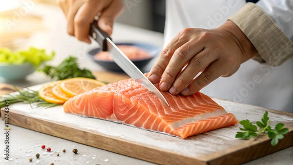 Fototapeta slicing salmon on a chopping board