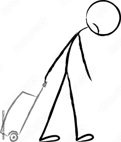 Fototapeta Vettoriale di un omino che trascina un trolley, in una posizione che esprime tristezza. 