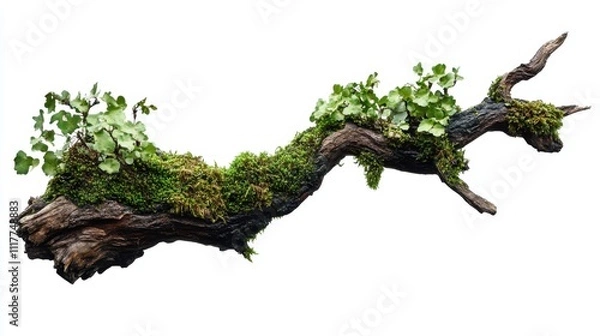Obraz Mossy tree branch isolated on white background, perfect for design projects.