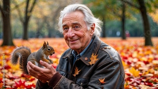 Fototapeta Cheerful elderly man holding a squirrel amid colorful autumn leaves in a park
