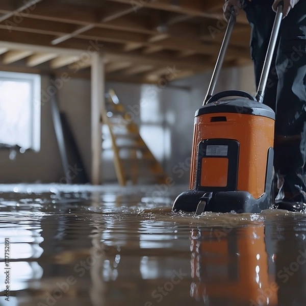 Fototapeta Worker using a water extraction pump to remove floodwater from a basement during a home renovation.