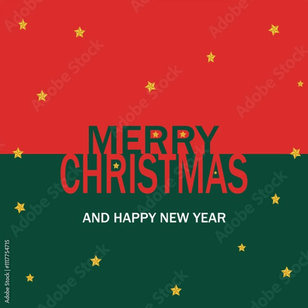 Fototapeta Merry Christmas and Happy new year over red and green background with stars. 