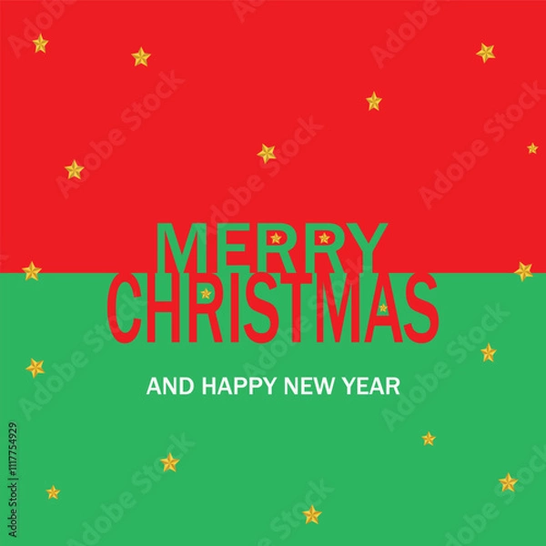 Fototapeta Merry Christmas and Happy new year over red and green background with stars. 