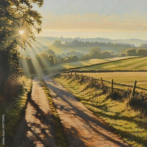 Fototapeta The morning sun casts a warm and soft light over the surrounding scenery.