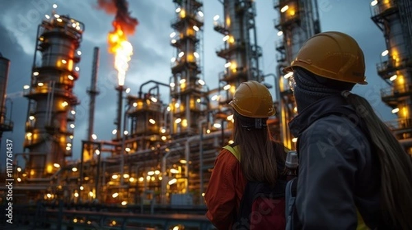 Fototapeta Engineers in protective gear watching a burning flare stack at an oil refinery, illustrating energy industry operations and safety practices.