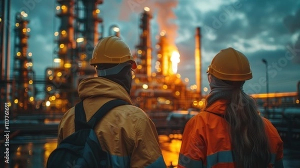 Fototapeta Engineers in protective gear watching a burning flare stack at an oil refinery, illustrating energy industry operations and safety practices.