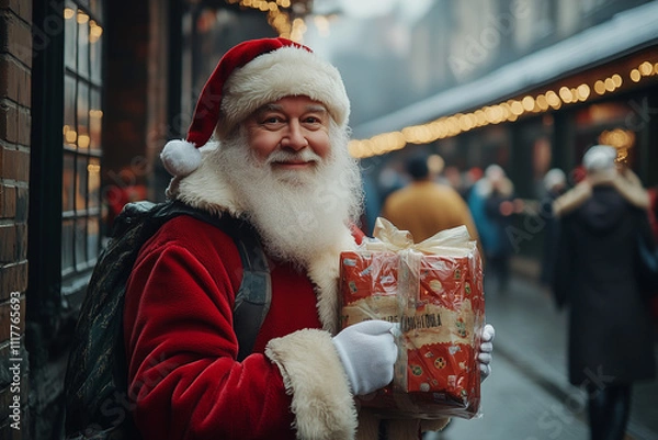 Fototapeta 温かい笑顔でプレゼントを手に持ちながらこちらを見つめているサンタクロース