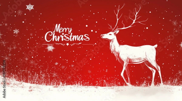 Fototapeta Red Christmas background with white deer and snowflakes, with the inscription "Merry Christmas"