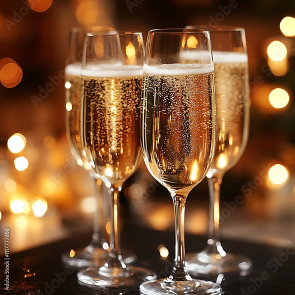 Fototapeta Festive New Year's Eve Celebration with Sparkling Wine Glasses Against a Softly Lit Background, Perfect for Ringing in the New Year with Joy and Elegance