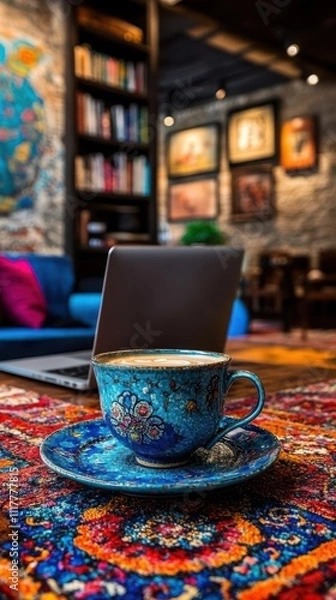Fototapeta A vibrant blue cup of coffee on a colorful rug in a cozy, artistic caf? setting.