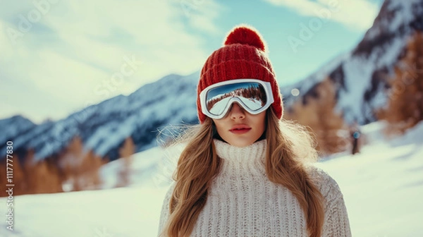 Fototapeta Fashionable woman wearing a red wool cap and white ski goggles. She is posing in front of a snowy background with mountains. Winter holidays season concept, fashion model. Generative AI. 