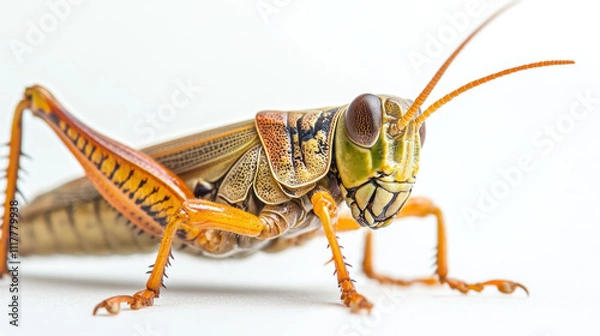 Fototapeta Close-up of a colorful grasshopper with intricate patterns on its body against a white background, showcasing its vibrant wings and antennae.
