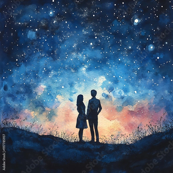 Fototapeta A Heartfelt Moment Under a Starry Sky: A Romantic Illustration of Two Silhouetted Lovers Gazing at the Night Sky Filled with Stars and Soft Colors