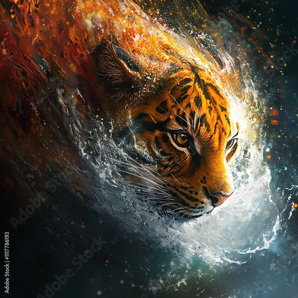 Fototapeta Vibrant and Dynamic Depiction of Wildlife in Motion Featuring a Striking Tiger Representing Strength and Grace Amidst Colorful Elements