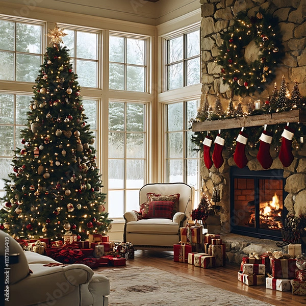 Fototapeta Cozy Winter Setting with a Beautifully Decorated Christmas Tree, Stockings, and a Rustic Fireplace Surrounded by Gifts, Perfect for Holiday Themes and Celebrations
