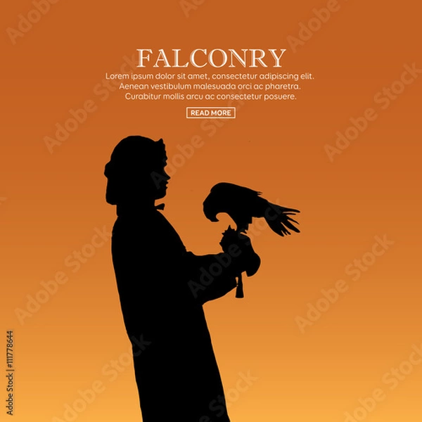 Obraz Falcon hunting. Birds of prey sitting on hand. Trained hunting bird. Outdoor hunting sport. Vector illustration.