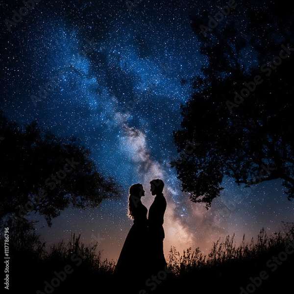 Fototapeta Romantic Couple Silhouette Under a Starry Sky with the Milky Way in the Background, Perfect for Heartfelt Valentine's Moments and Capturing Love in Nature