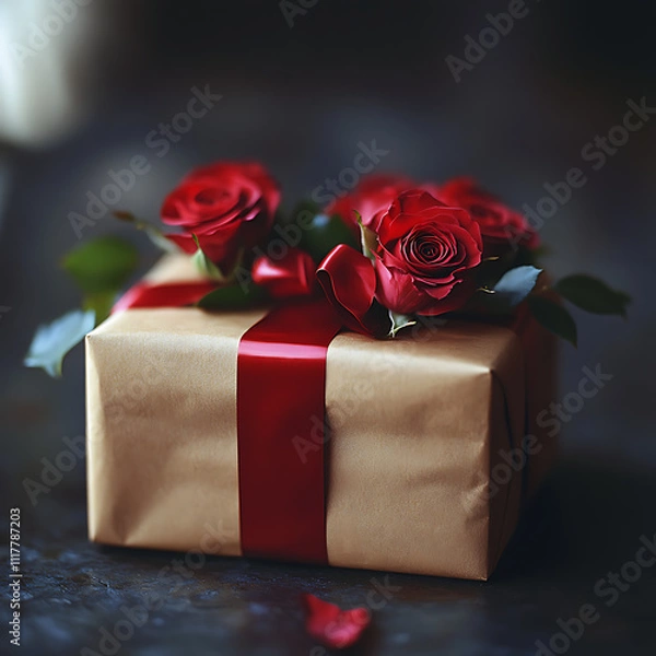 Fototapeta Romantic Scene with a Beautifully Wrapped Gift Surrounded by Roses, Perfect for Celebrations and Love Expressions, Capturing the Essence of Affection and Thoughtfulness