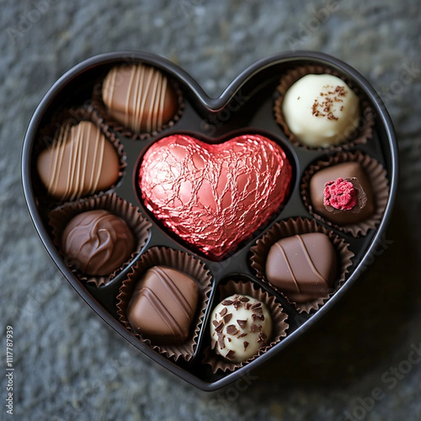 Fototapeta Heart-Shaped Chocolate Box with Assorted Sweets Perfect for Romantic Gifting on Valentine's Day or Any Special Occasion to Celebrate Love and Affection