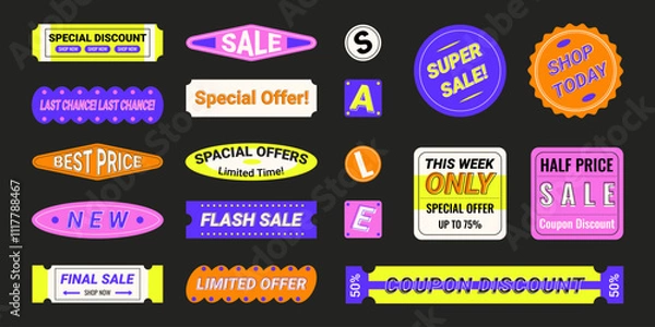 Fototapeta Sale stickers and coupons in Y2K aesthetics, labels for price tags with discounts announcements, business off advertisement badges, vector graphic design elements. 