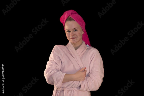 Obraz Smiling Girl in Bathrobe with Pink Towel on Head After Shower