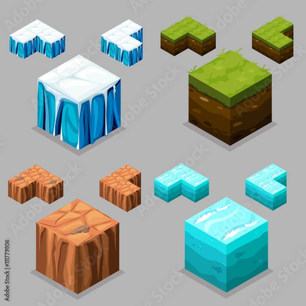 Fototapeta 3D Isometric Landscape Cube - Ice, desert , land and water Element. Icon Can be used for Game, Web, Mobile App, Infographics. Game asset.