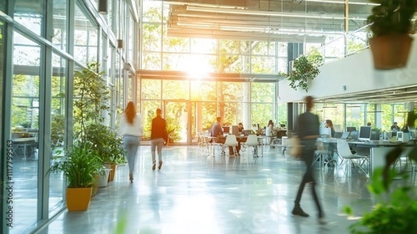 Obraz Modern open office with glass walls, natural light, greenery, and people walking and working in a collaborative environment