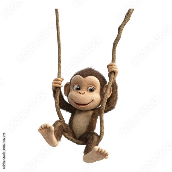 Fototapeta Joyful monkey swinging on a rope in a playful moment of childhood adventure and fun on transparent Background