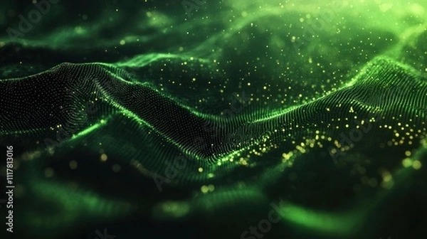 Obraz Abstract Green Digital Landscape: A mesmerizing visual of flowing data points creating a dynamic, undulating terrain.