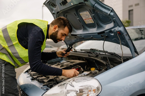 Fototapeta Man looking under the hood, trying to identify the problem with his car.
