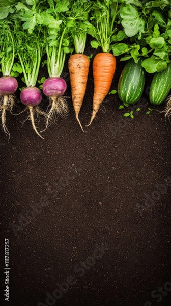 Obraz Freshly picked vegetables arranged on dark soil background