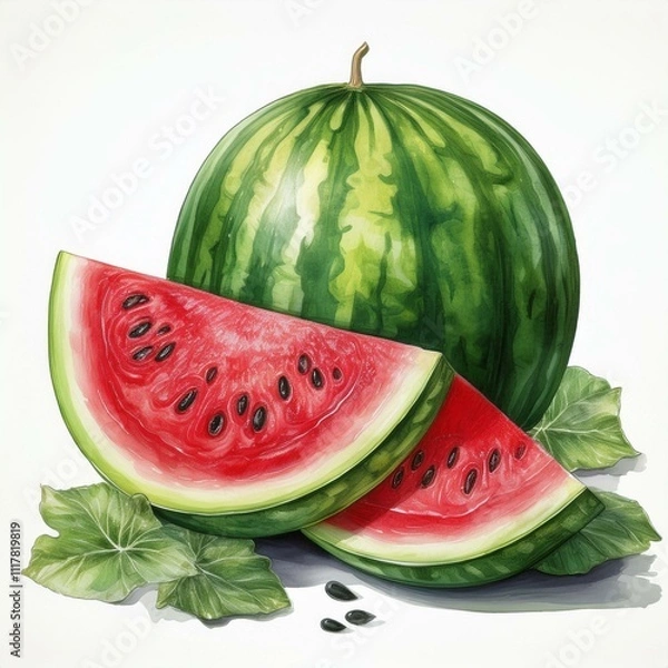 Obraz A colorful watercolor illustration of a watermelon, ideal for food blogs, ecobranding, or rustic decor