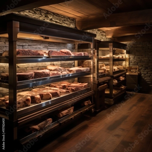 Fototapeta Selecting premium dry-aged beef cuts in a master butcher's aging room soft studio environment for culinary excellence