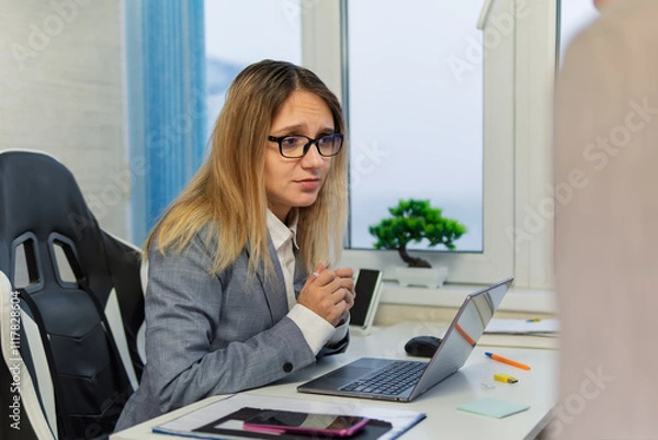 Fototapeta frustrated manager feeling guilty because of missed deadline while receiving reprimand, ceo scolding unpunctual employee after bad work. Upset woman being scolded by boss for coming late at office,