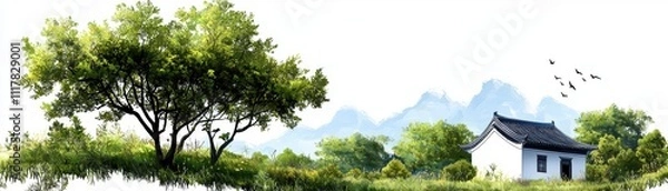 Fototapeta Serene Minimalist Portrayal of Temple in Mountains with Lush Greenery