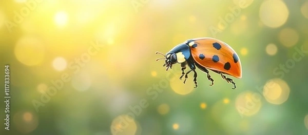 Fototapeta A ladybug in flight against a bokeh background of green and yellow.