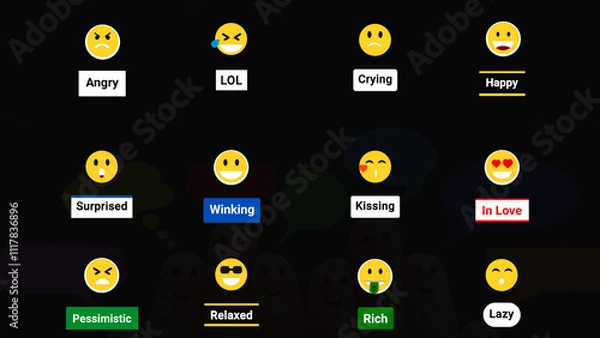 Fototapeta Pop-up Smiley Faces Showing Emotions And Text Overlay