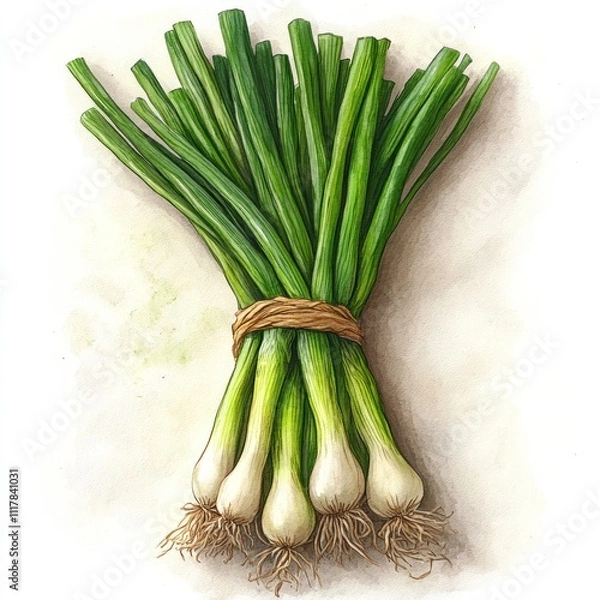 Fototapeta A bundle of fresh green onions tied together, showcasing their vibrant green stalks and roots.