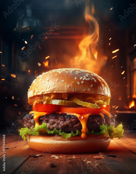 Fototapeta Delicious spicy fried chicken burger ads with burning fire on dark background