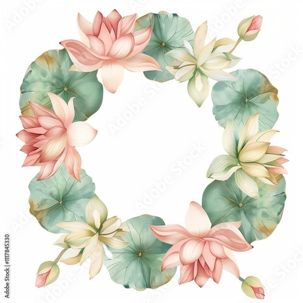 Fototapeta Watercolor lotus wreath, soft pastel colors in the style of watercolor on a white background