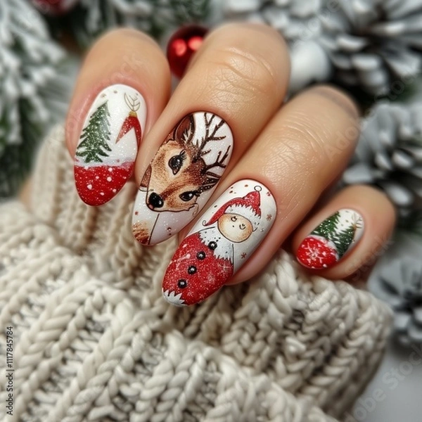 Fototapeta Christmas-themed nail art with deer, snowman, and Christmas tree on a white background, a cozy sweater in the foreground