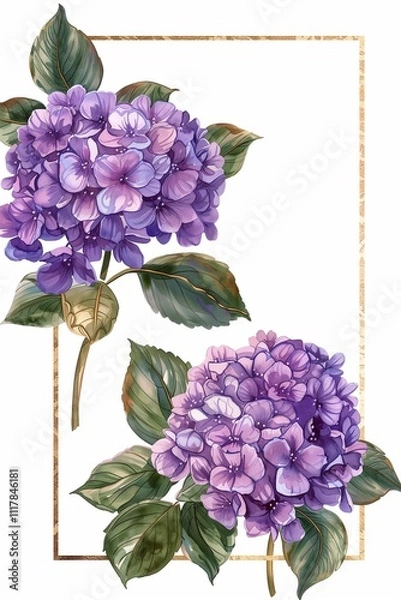Fototapeta Purple hydrangeas with a gold frame, in the style of a clipart illustration, watercolor on a white background